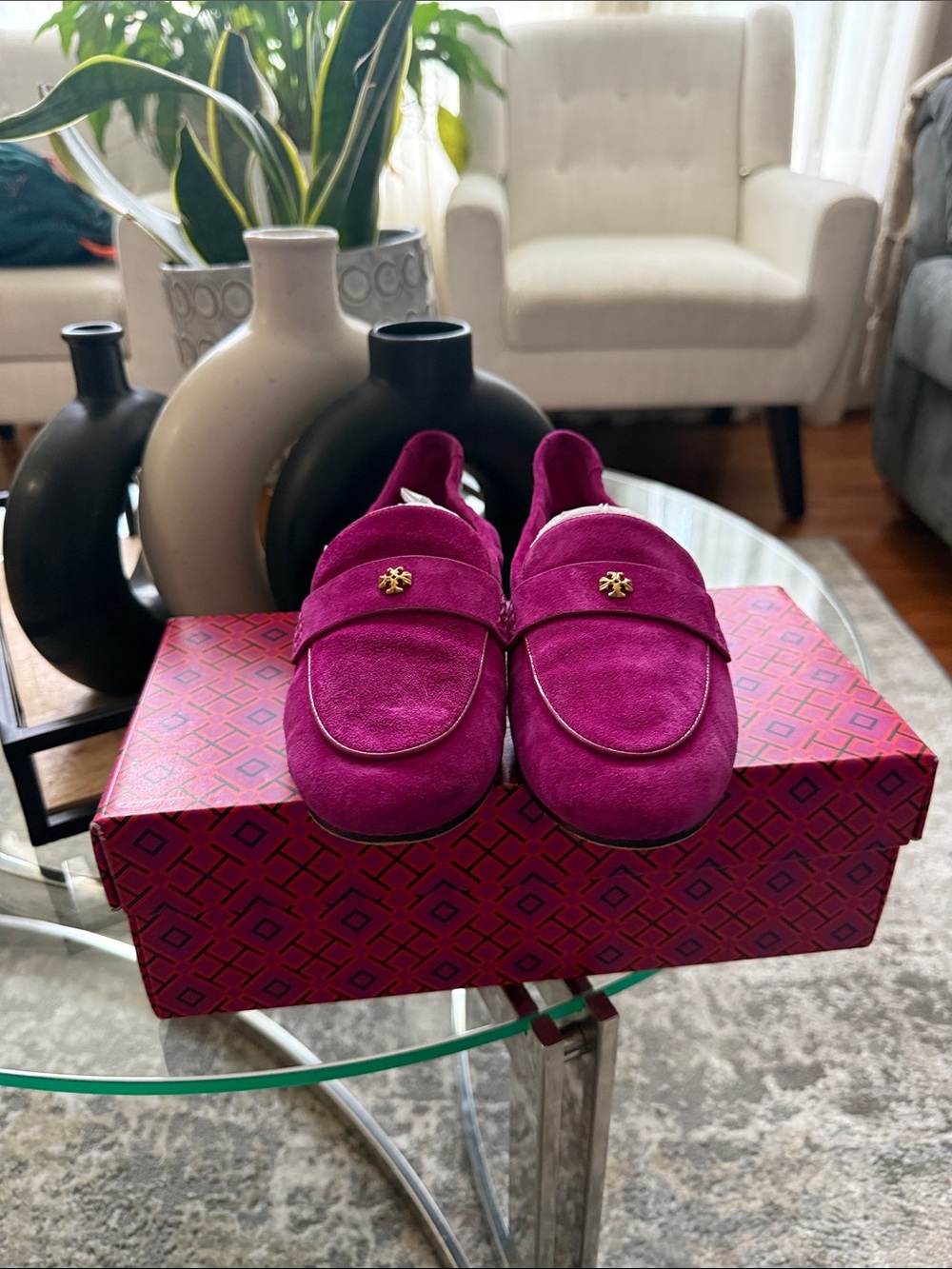 Tory Burch Magenta Suede Ballet Loafers with Gold Logo